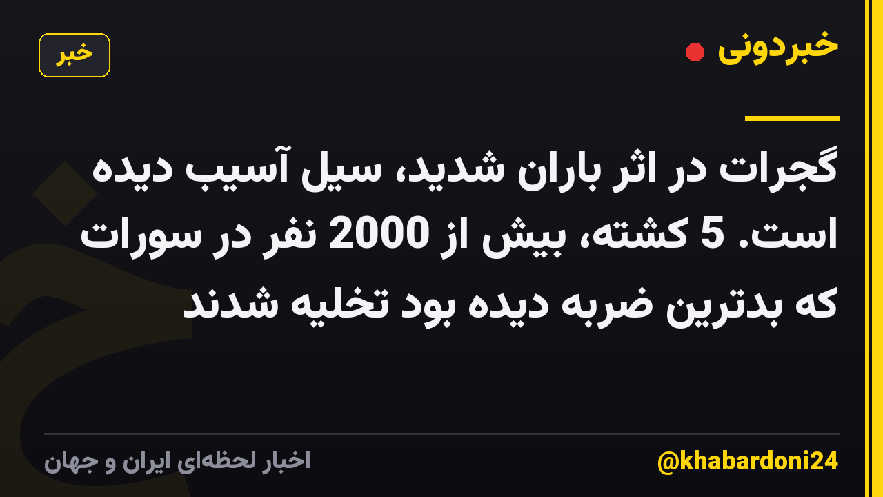 گجرات در اثر باران شدید، سیل آسیب دیده است. 5 کشته، بیش از 2000 نفر در سورات که بدترین ضربه دیده بود تخلیه شدند