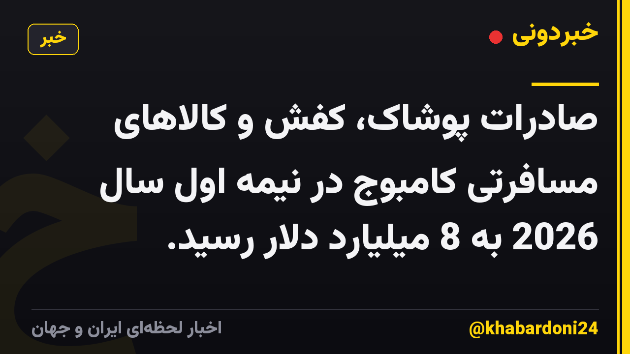 صادرات پوشاک، کفش و کالاهای مسافرتی کامبوج در نیمه اول سال 2026 به 8 میلیارد دلار رسید.
