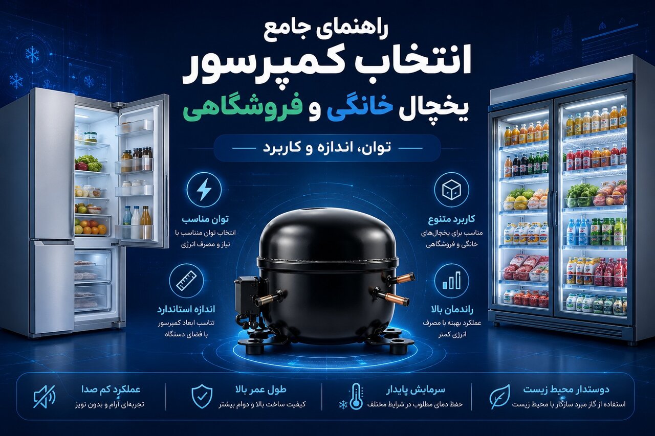 راهنمای جامع انتخاب کمپرسور یخچال خانگی و فروشگاهی| توان، اندازه و کاربرد