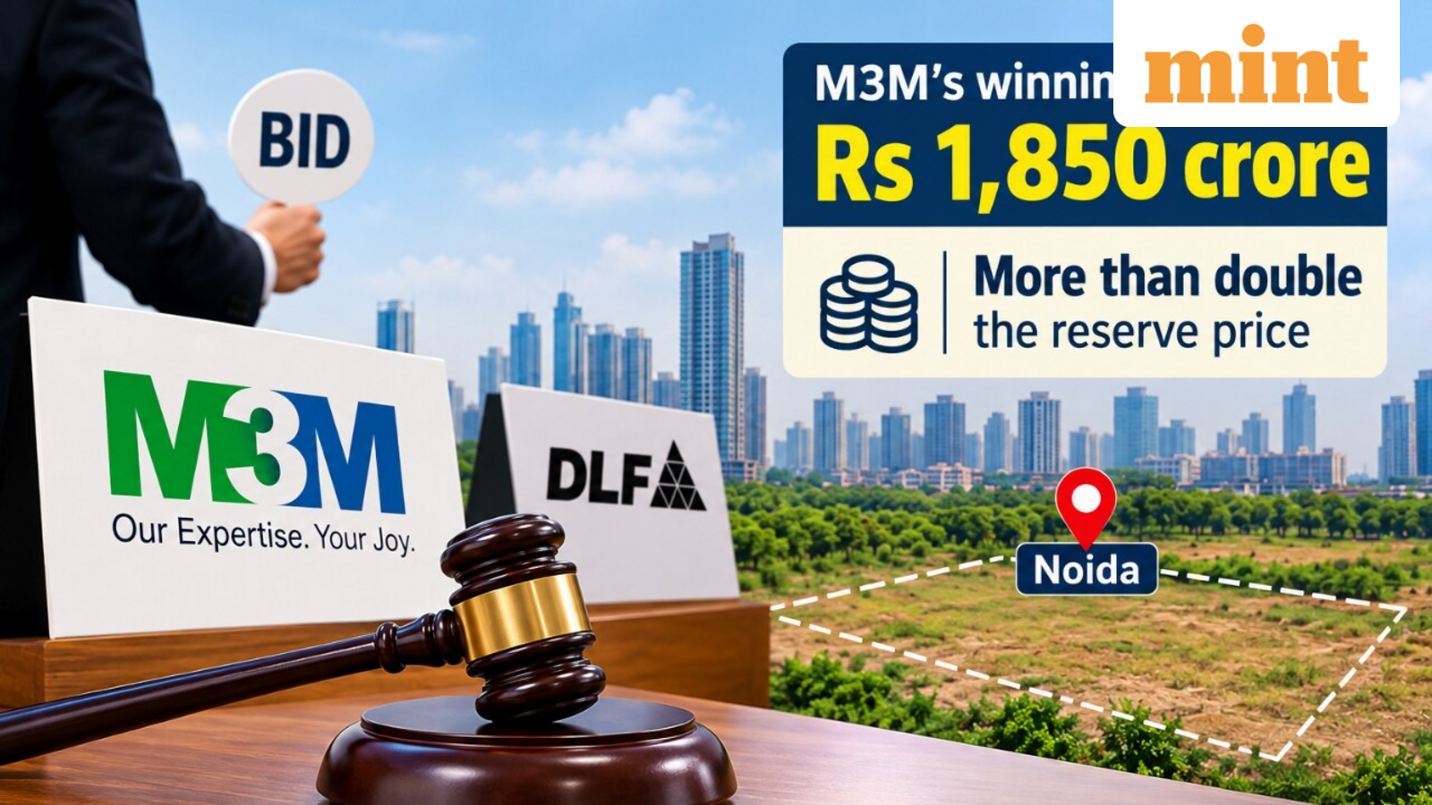 M3M از DLF برای قطعه زمین Noida با قیمت 1850 کرور، بیش از دو برابر قیمت رزرو پیشی گرفت.