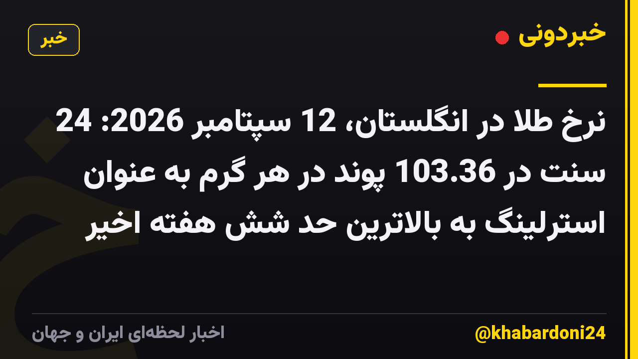 نرخ طلا در انگلستان، 12 سپتامبر 2026: 24 سنت در 103.36 پوند در هر گرم به عنوان استرلینگ به بالاترین حد شش هفته اخیر