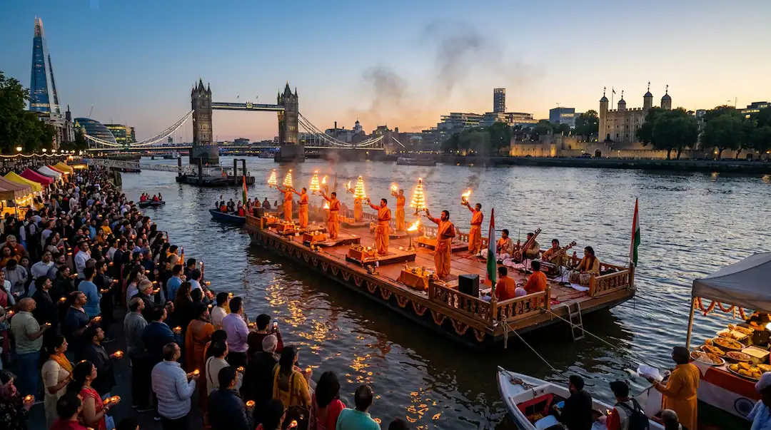 اولین بازی Ganga Aarti در رودخانه تیمز در بریتانیا برگزار شد