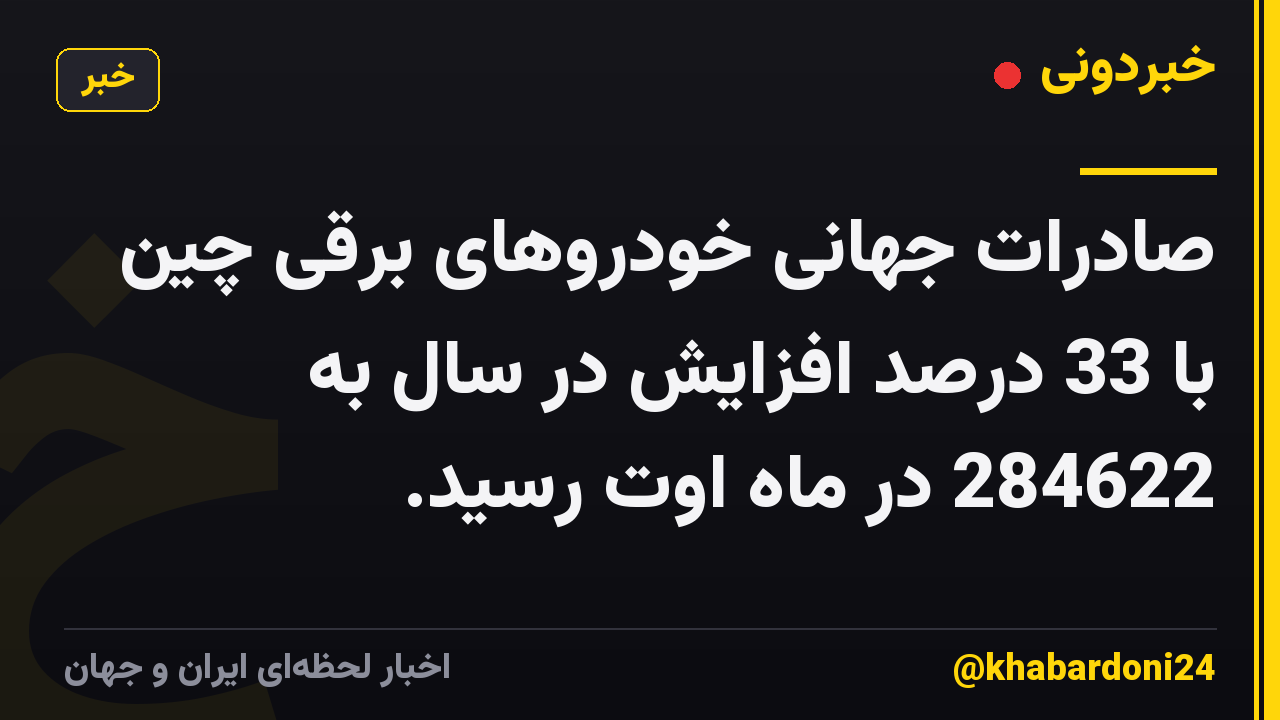 صادرات جهانی خودروهای برقی چین با 33 درصد افزایش در سال به 284622 در ماه اوت رسید.